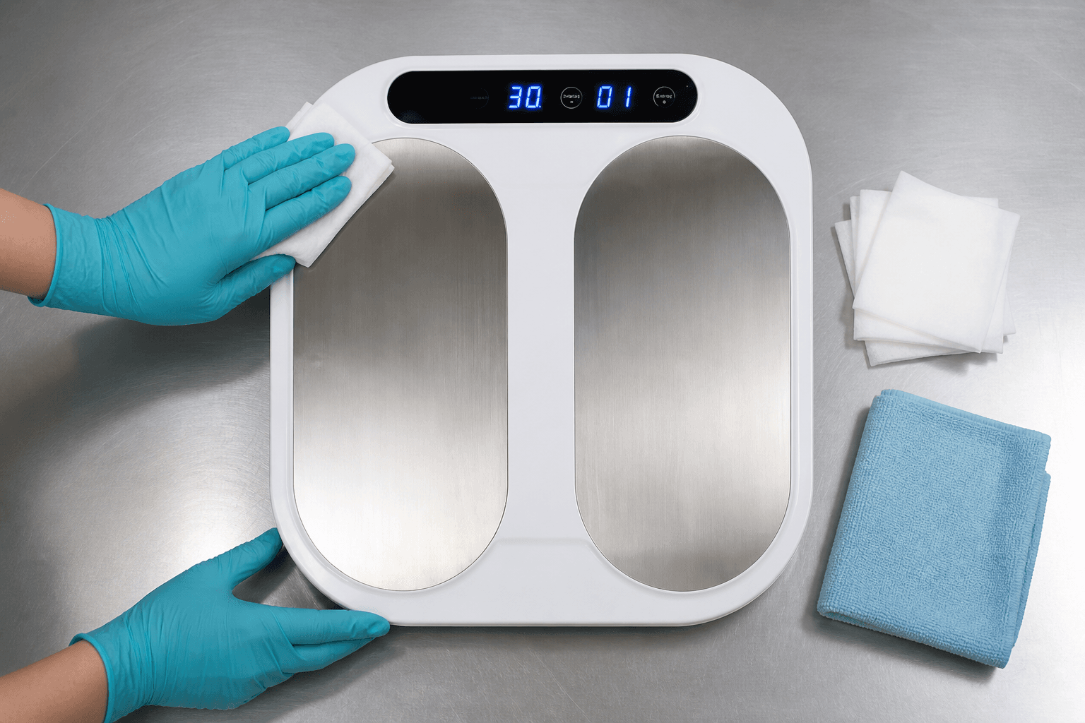 Pulse Platform housing and metal foot plates prepared for hospital-grade cleaning